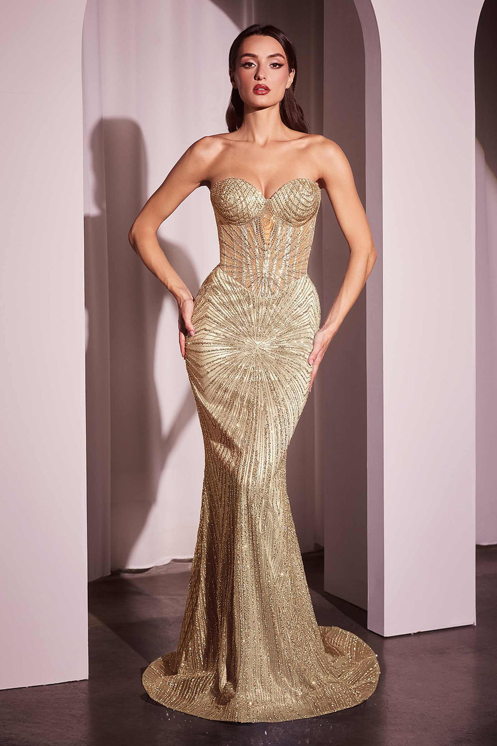 Ladivine J871 Long Sultry Fitted Strapless Embellished Prom Gown