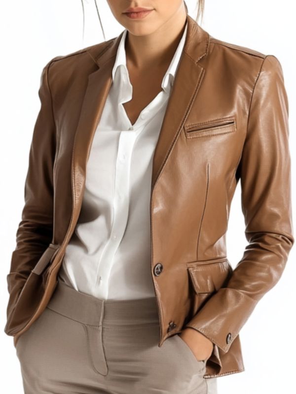 Jack Brown Leather Blazer – Elegant Leather Blazer for Women