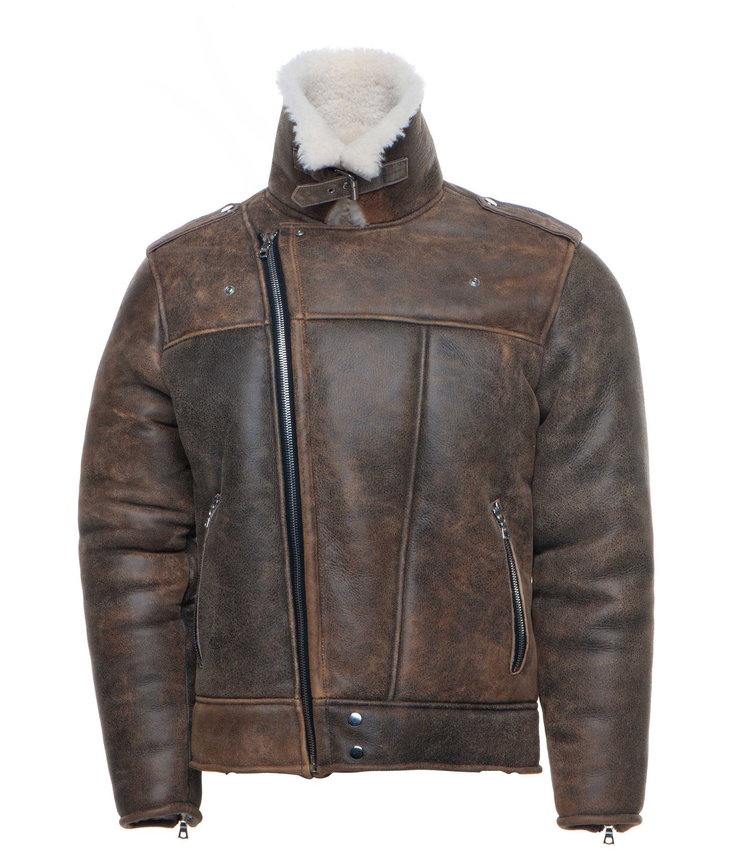 Carters Distressed Biker Bomber Shearling Jacket with Notch Lapels