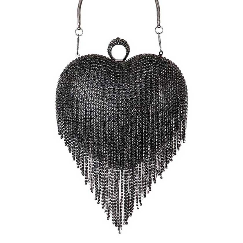 Rhinestone Fringe Heart Evening Tote Clutch Crossbody Bag