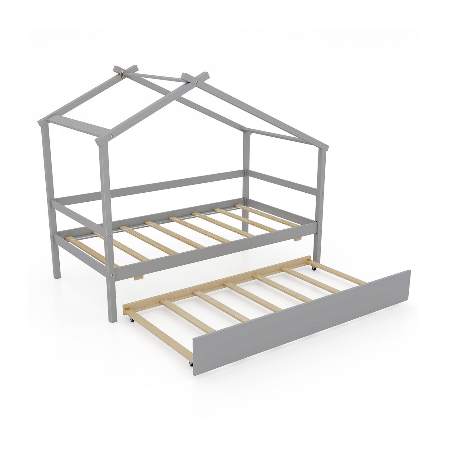 Kids Twin Size House Bed with Trundle and Roof