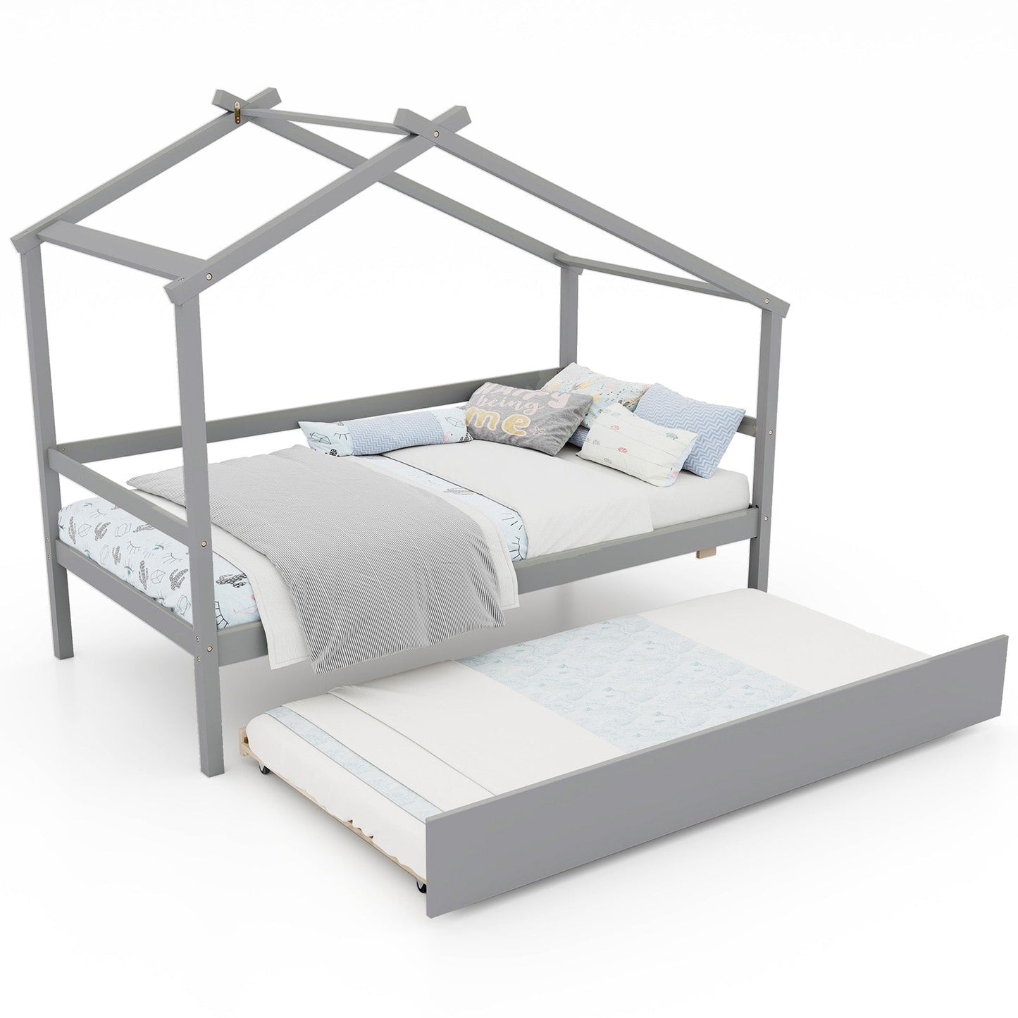 Kids Twin Size House Bed with Trundle and Roof