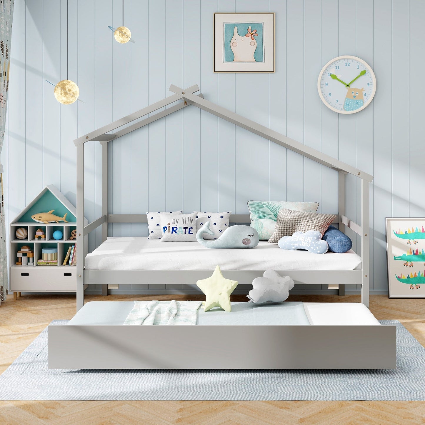 Kids Twin Size House Bed with Trundle and Roof
