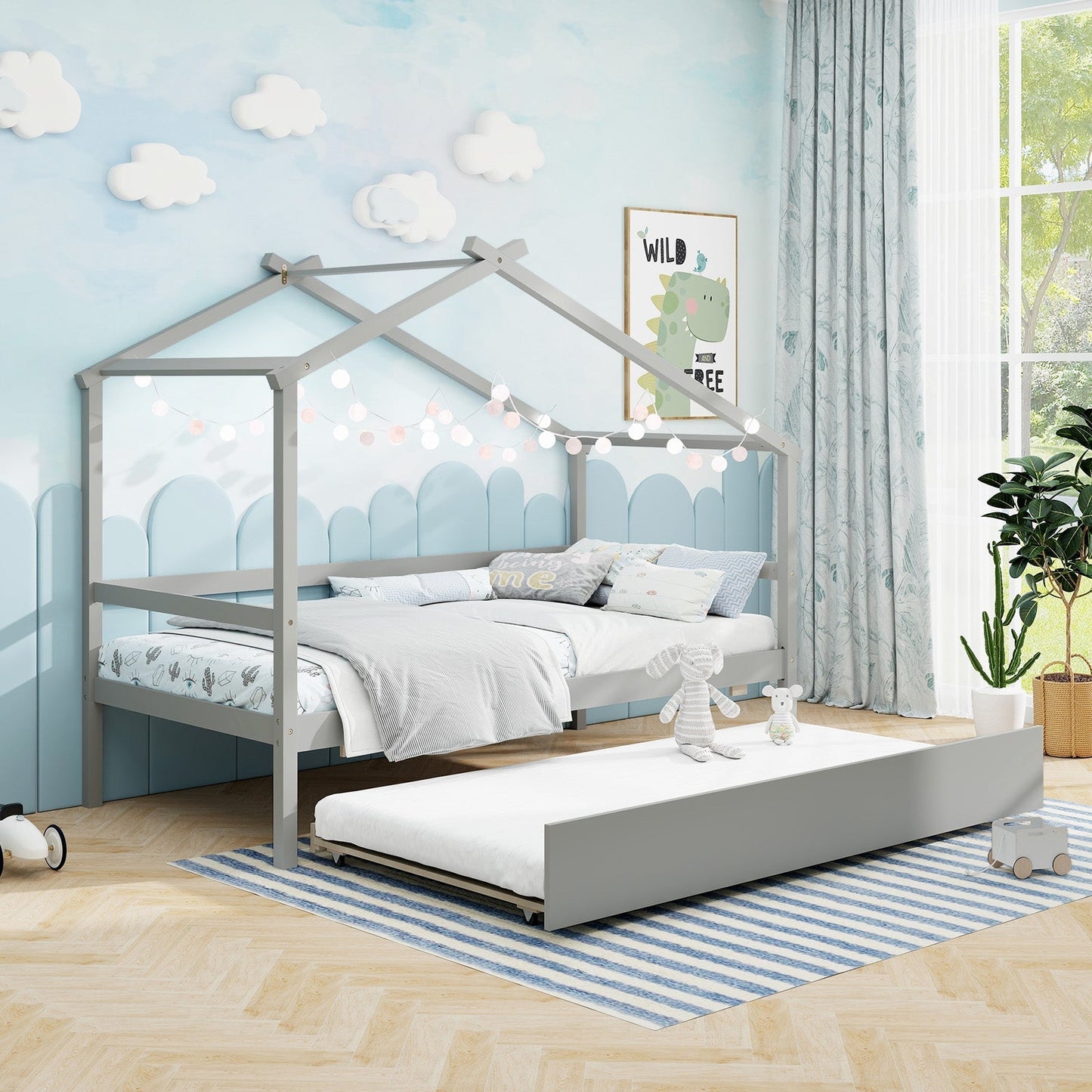 Kids Twin Size House Bed with Trundle and Roof