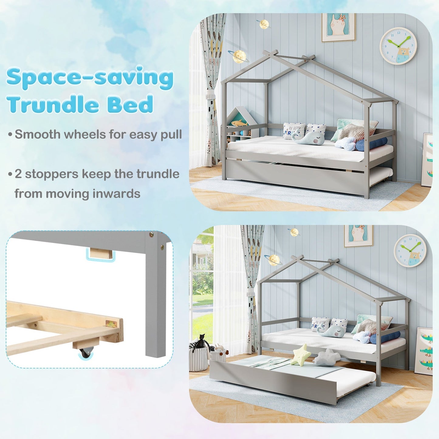 Kids Twin Size House Bed with Trundle and Roof