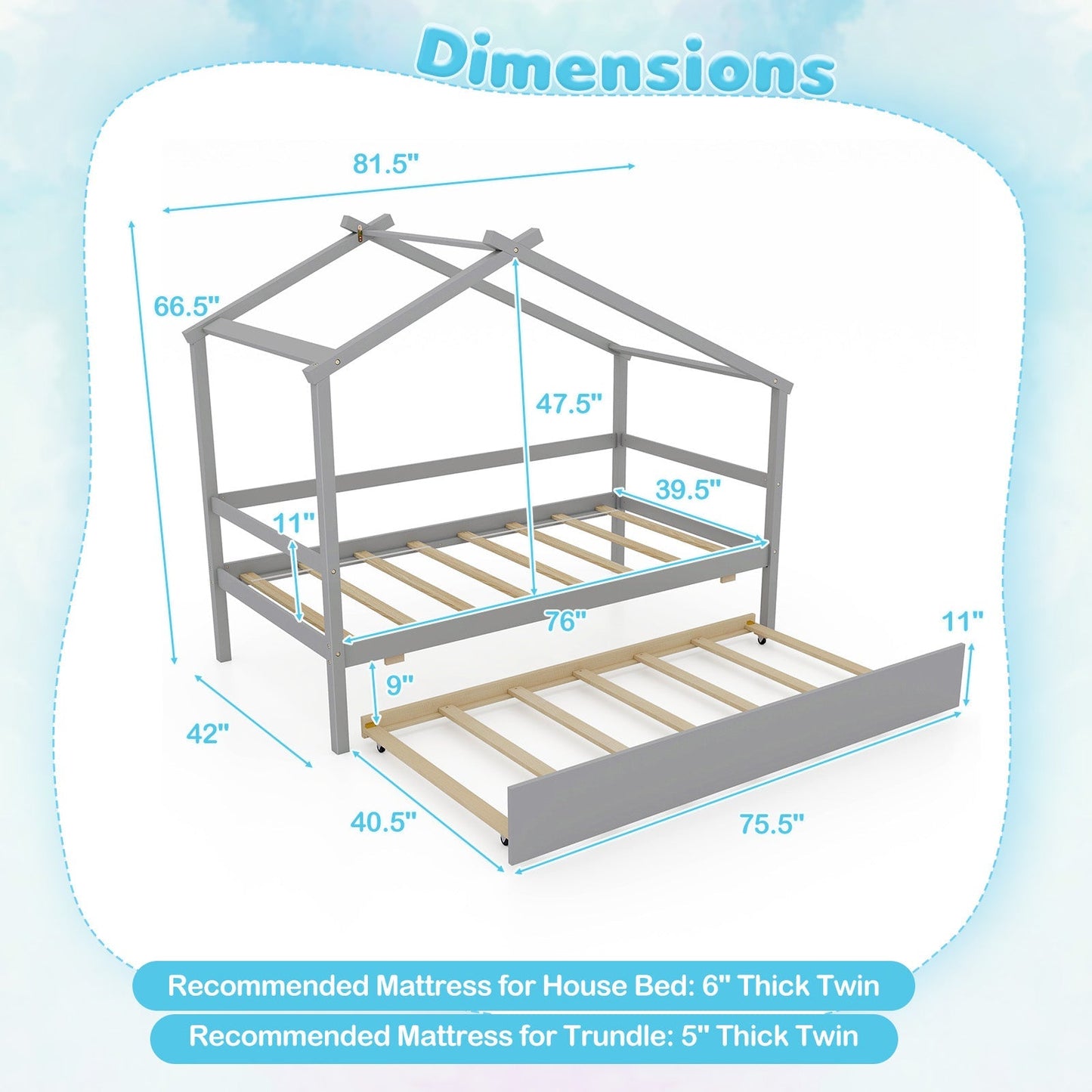 Kids Twin Size House Bed with Trundle and Roof