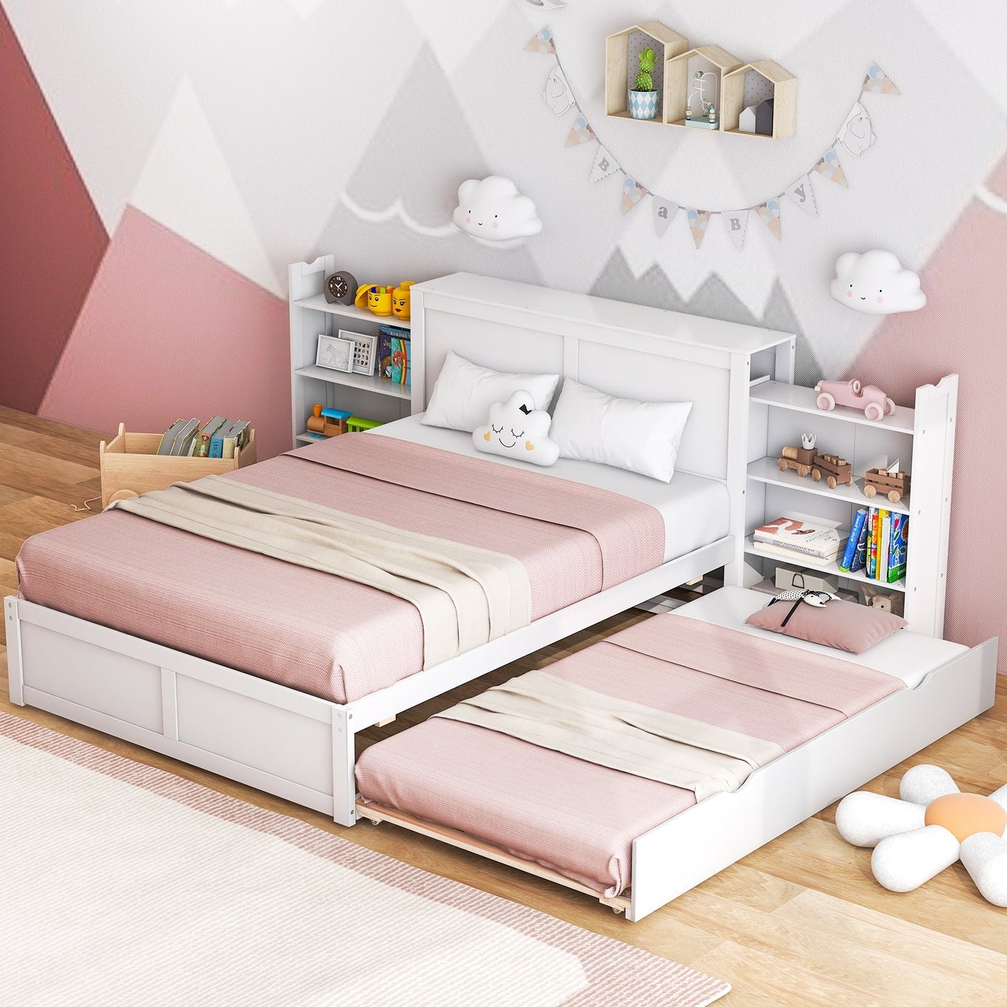 Twin/Full Kids Wooden Platform Bed with Trundle Storage Headboard