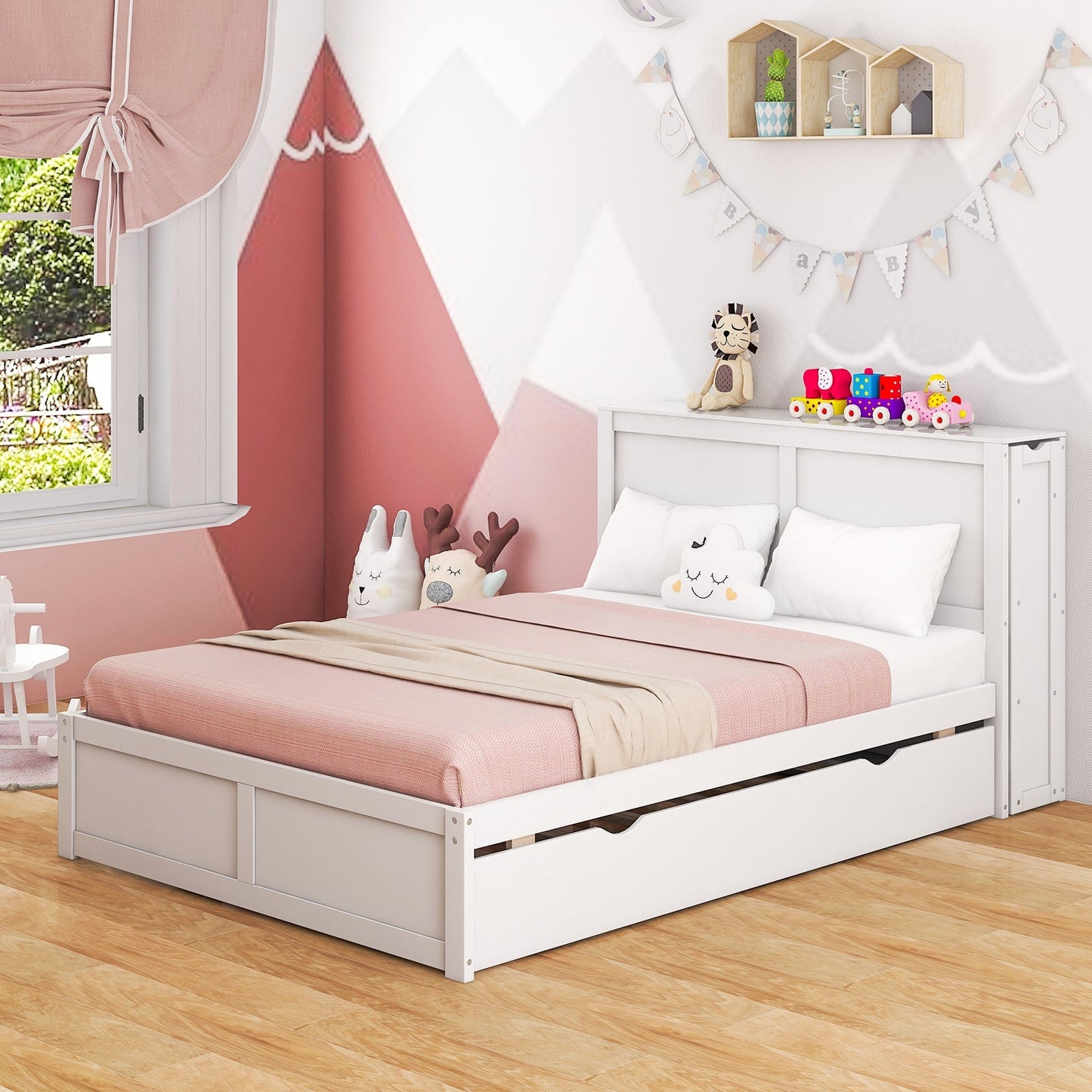 Twin/Full Kids Wooden Platform Bed with Trundle Storage Headboard