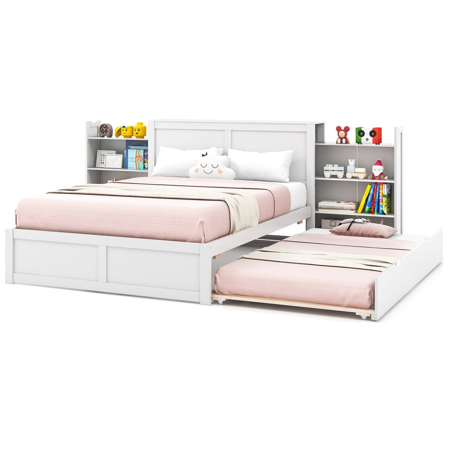 Twin/Full Kids Wooden Platform Bed with Trundle Storage Headboard
