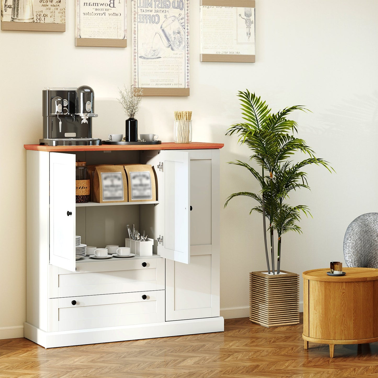 47.5 Inch Kitchen Freestanding Storage Cabinet with 3 Doors and 2 Large Drawers-White