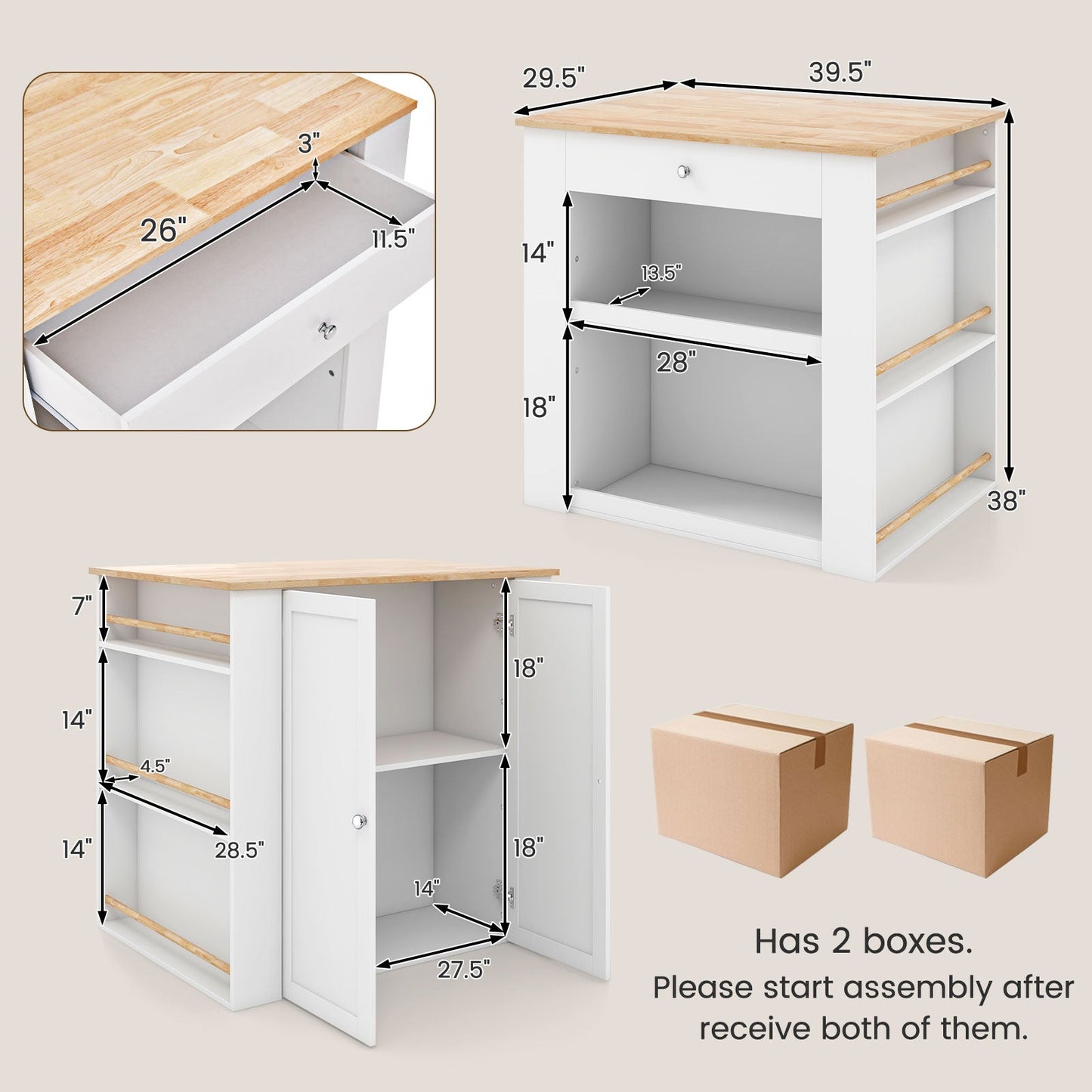 Modern Kitchen Island with Rubber Wood Countertop and Storage-White