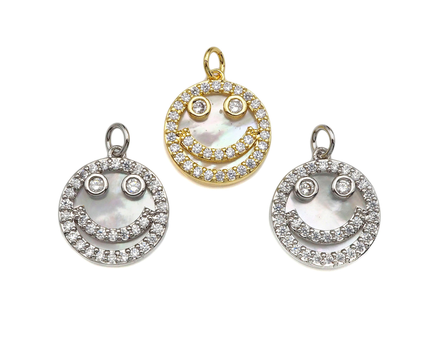 Mother-of-pearl Inlay Smiley Face Round Pendant/Charm, Cubic Zirconia Pendant Charm, MOP Charm, 18x16mm,Sku#L368