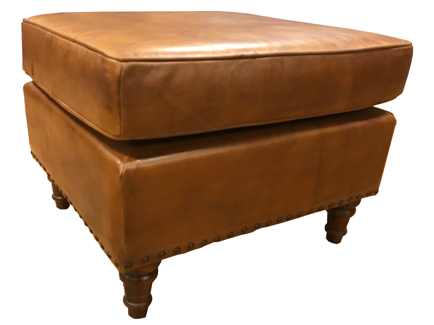 English Stationary Leather Ottoman - Light Brown