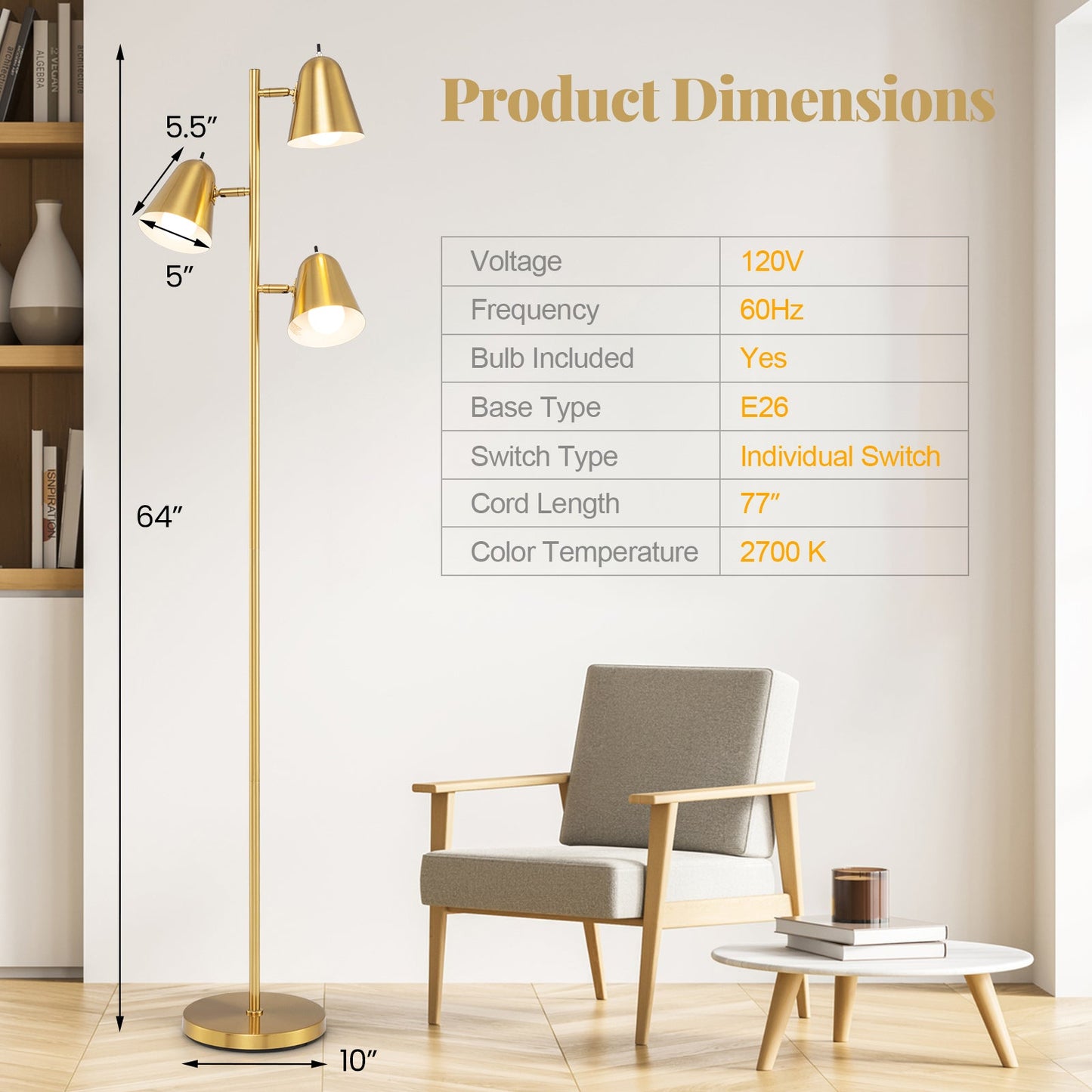 64 Inch 3-Light LED Floor Lamp Reading Light for Living Room Bedroom