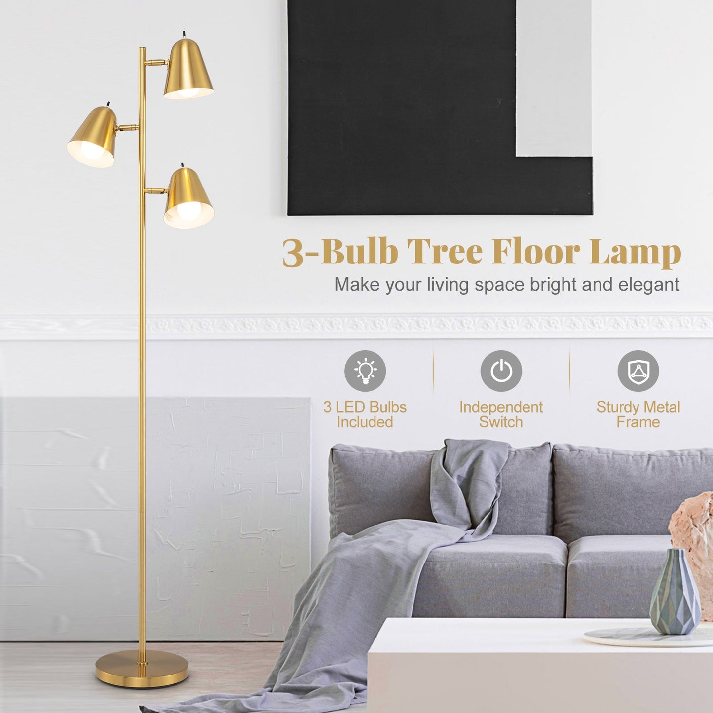64 Inch 3-Light LED Floor Lamp Reading Light for Living Room Bedroom