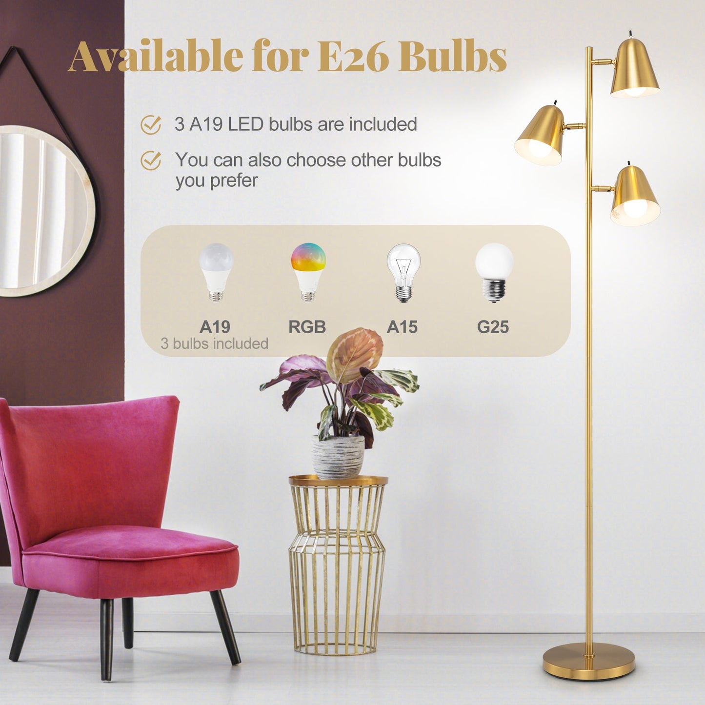 64 Inch 3-Light LED Floor Lamp Reading Light for Living Room Bedroom