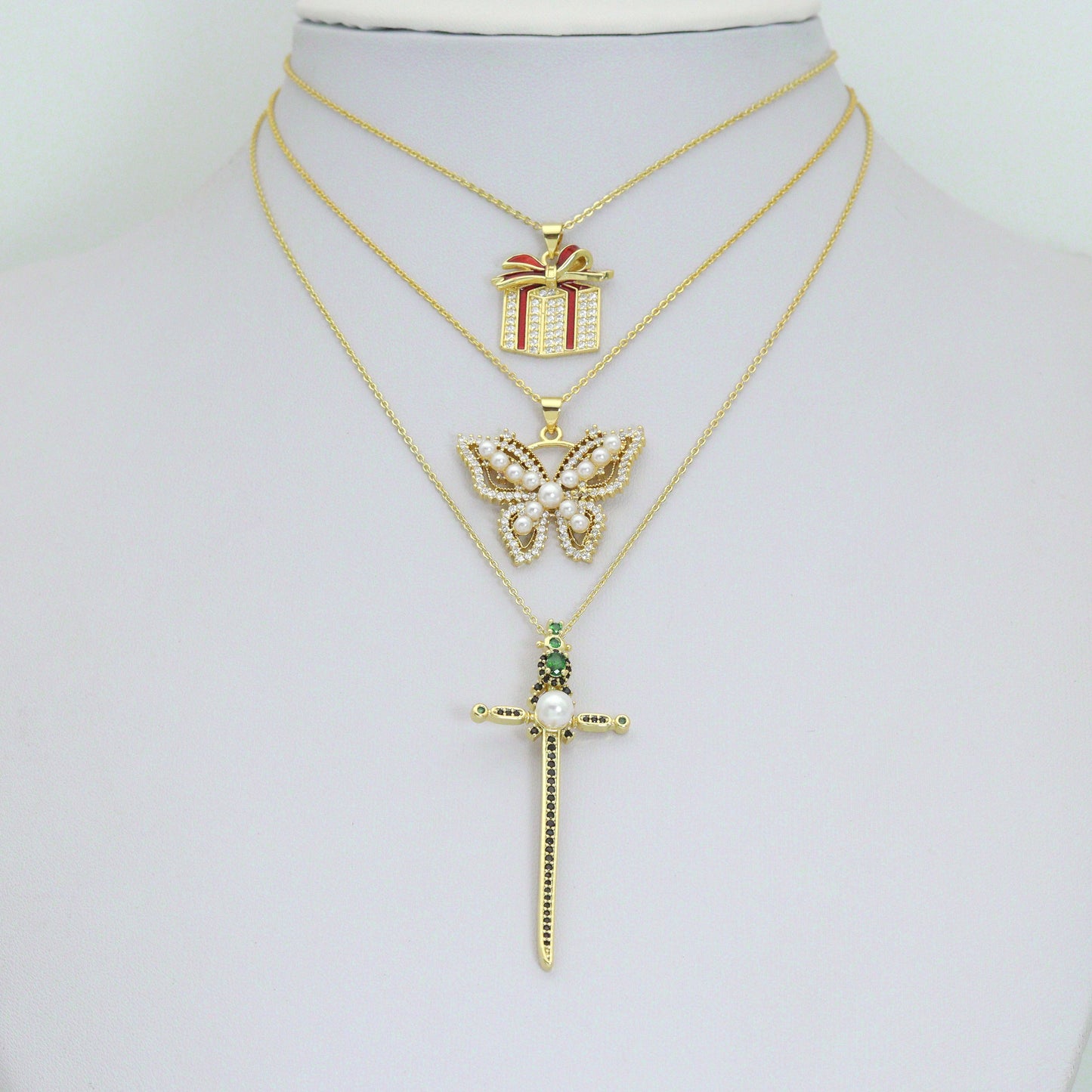 CZ Cross Gift Box Butterfly Charm Pendant, Sku#LK1301