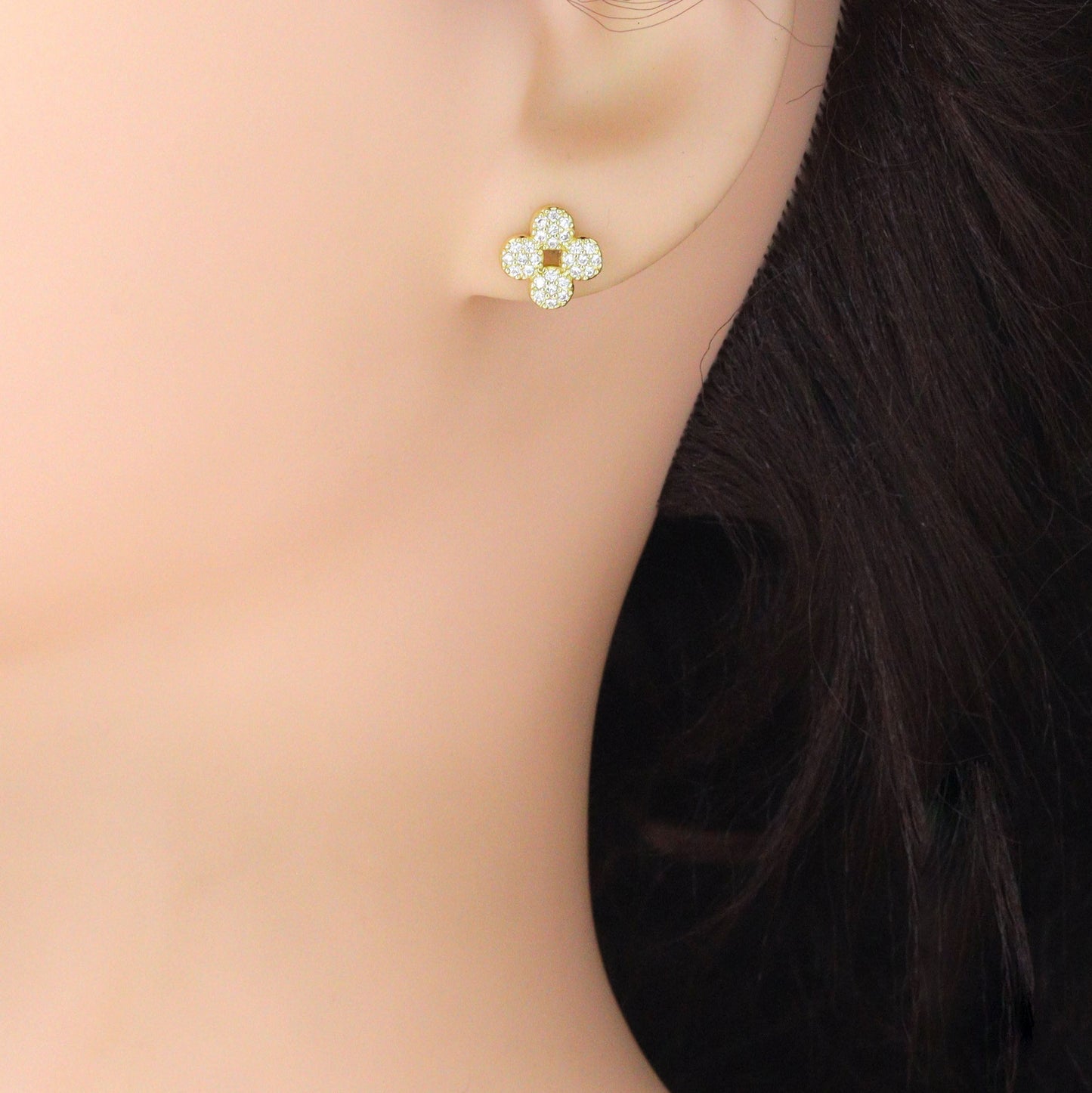 Clear CZ Gold Clover flower Stud Earrings, Sku#LK1302