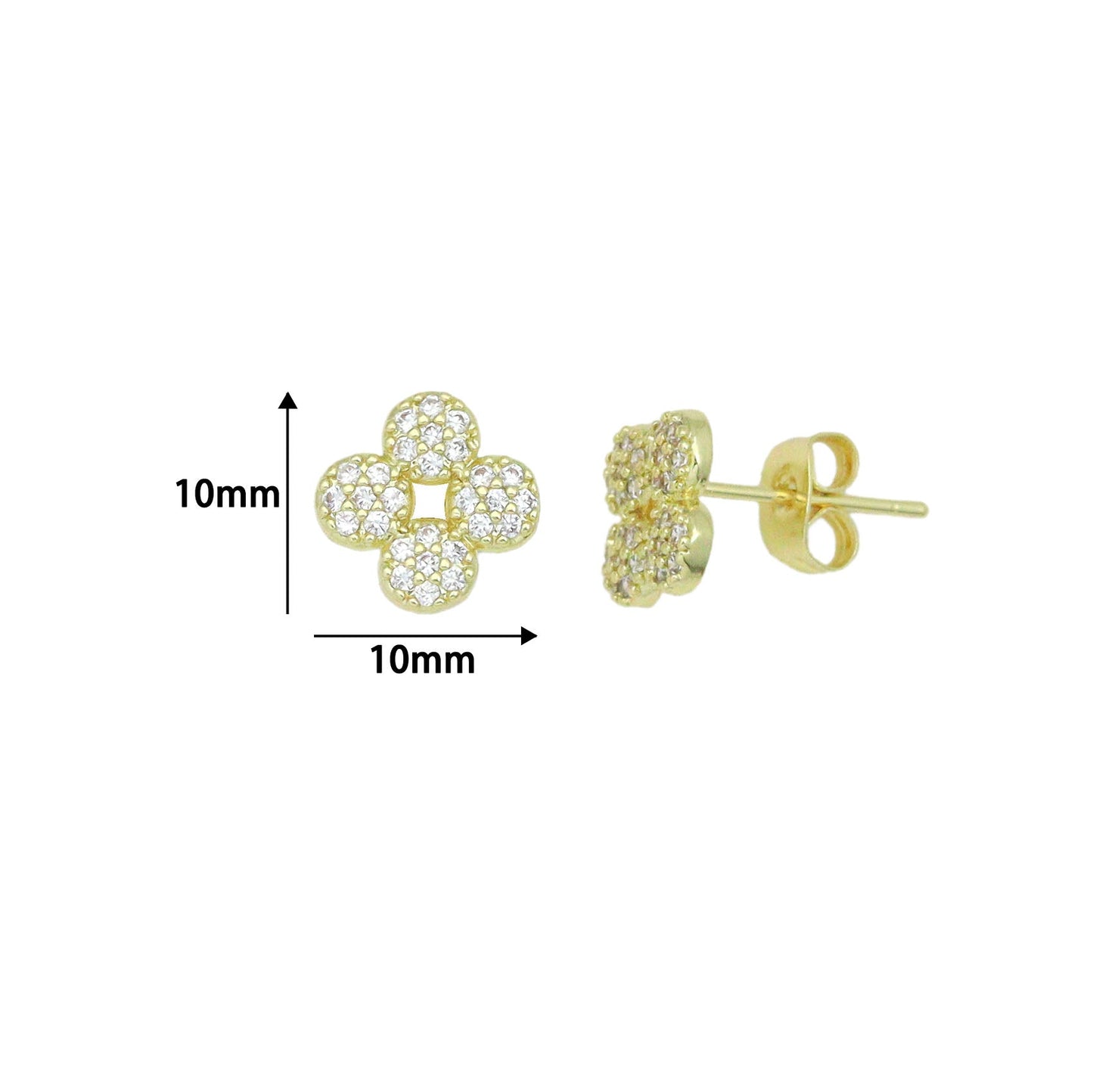 Clear CZ Gold Clover flower Stud Earrings, Sku#LK1302