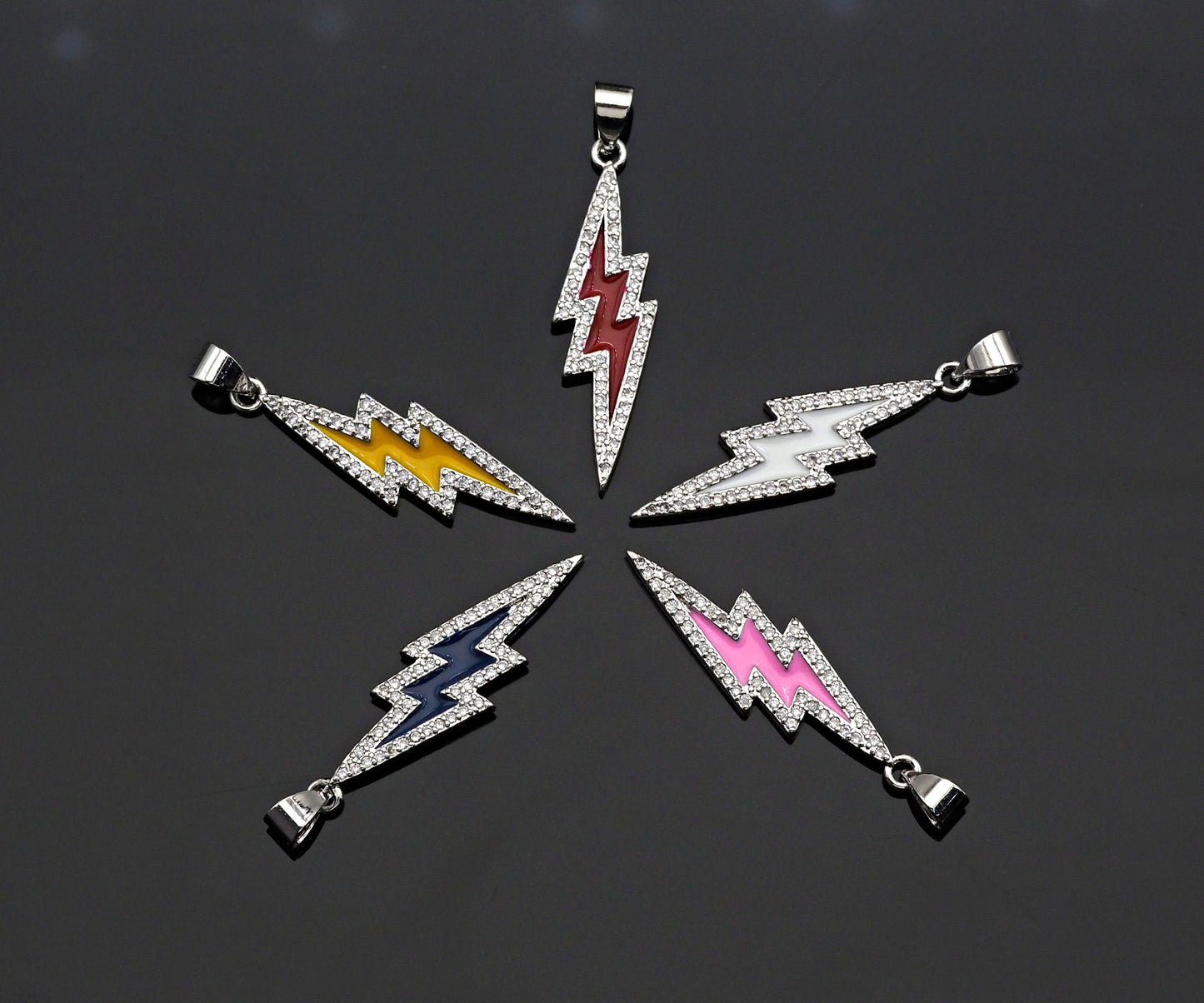Enamel Colorful Lightning Shape Pendant Silver Finish, CZ Micro Pave Lightning Charm, Enamel pendant,Enamel Jewelry, 10x37mm, sku#LK138