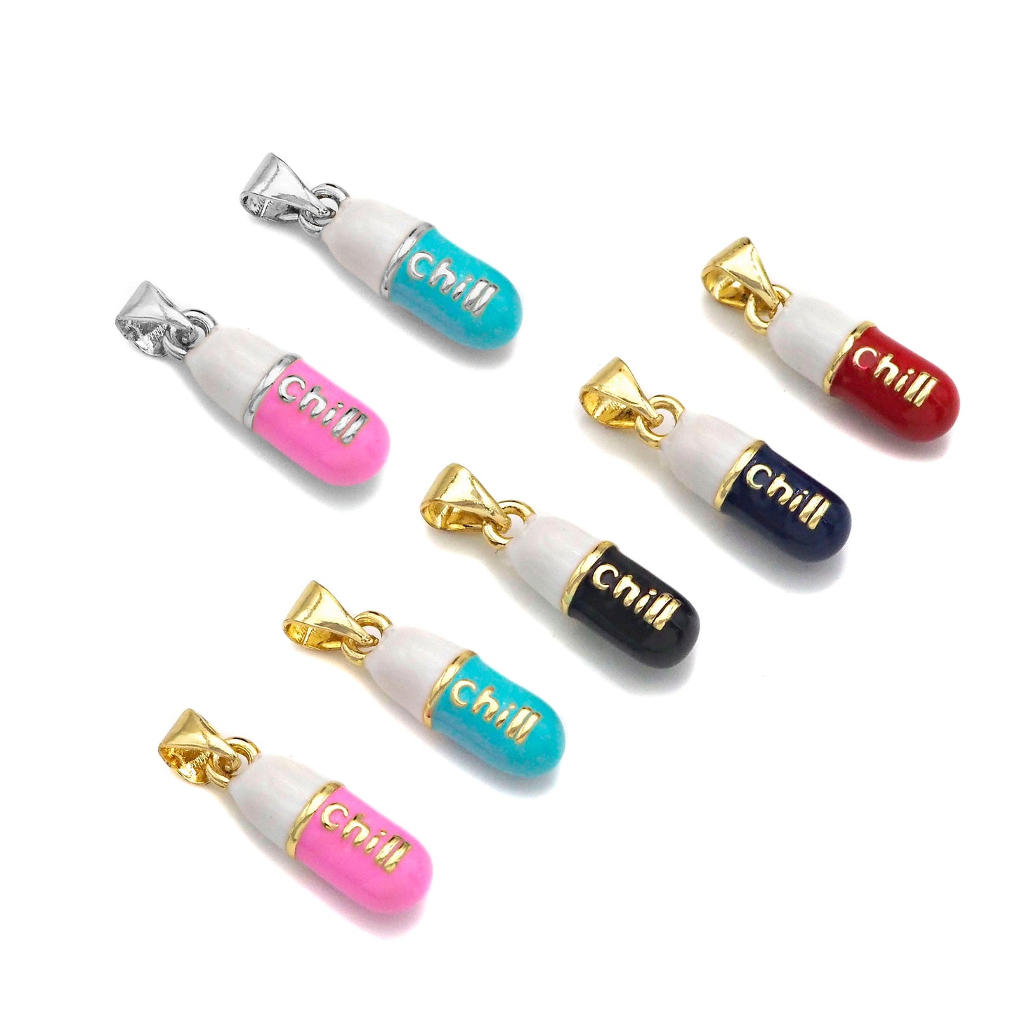 Colorful Enamel Pill Shape Pendant Charm, Gold/Silver Chill Word Pink Turquoise Black Cobalt Red Enamel Jewelry,6x17mm,Sku#LK280
