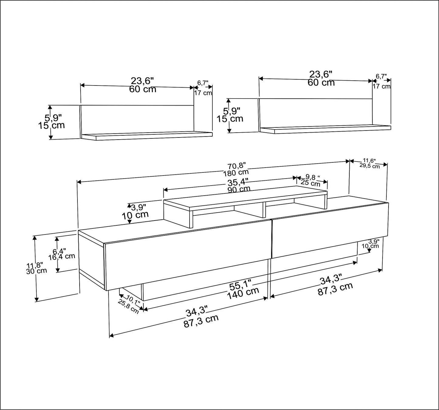 Lusi 71" Wide TV Stand for TVs up to 80" with 2 Wall Shelves