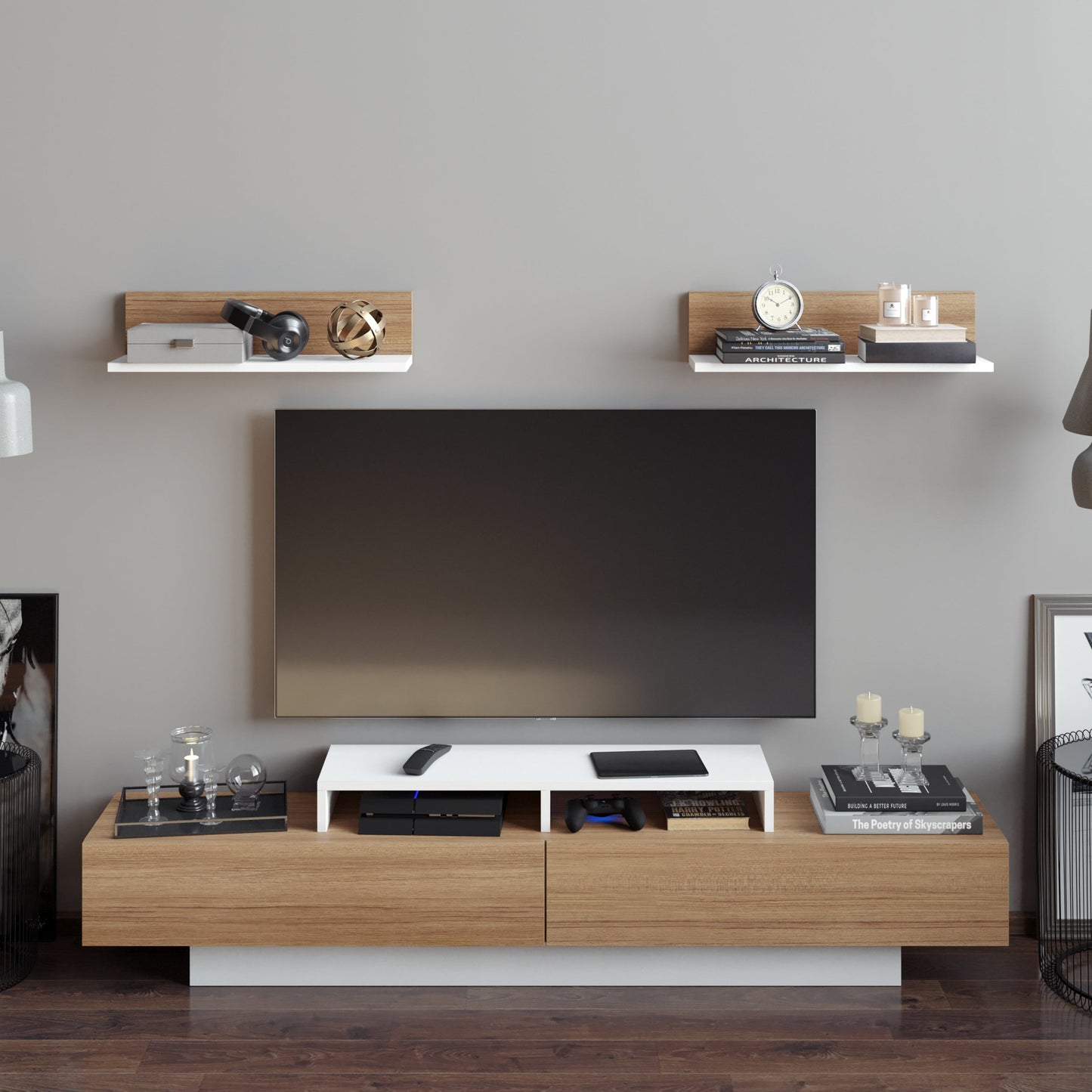 Lusi 71" Wide TV Stand for TVs up to 80" with 2 Wall Shelves