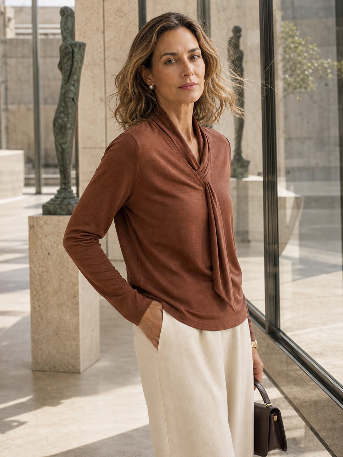 Wool Scarf Collar Long-Sleeve Top ALESSIA