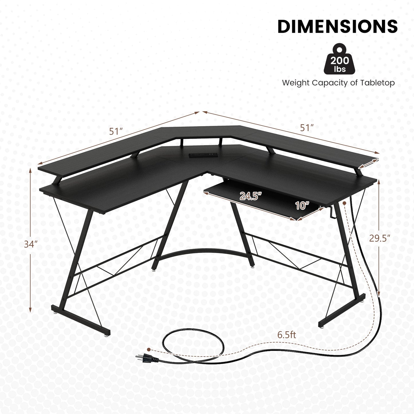 L-shaped Computer Desk with Power Outlet and Monitor Stand