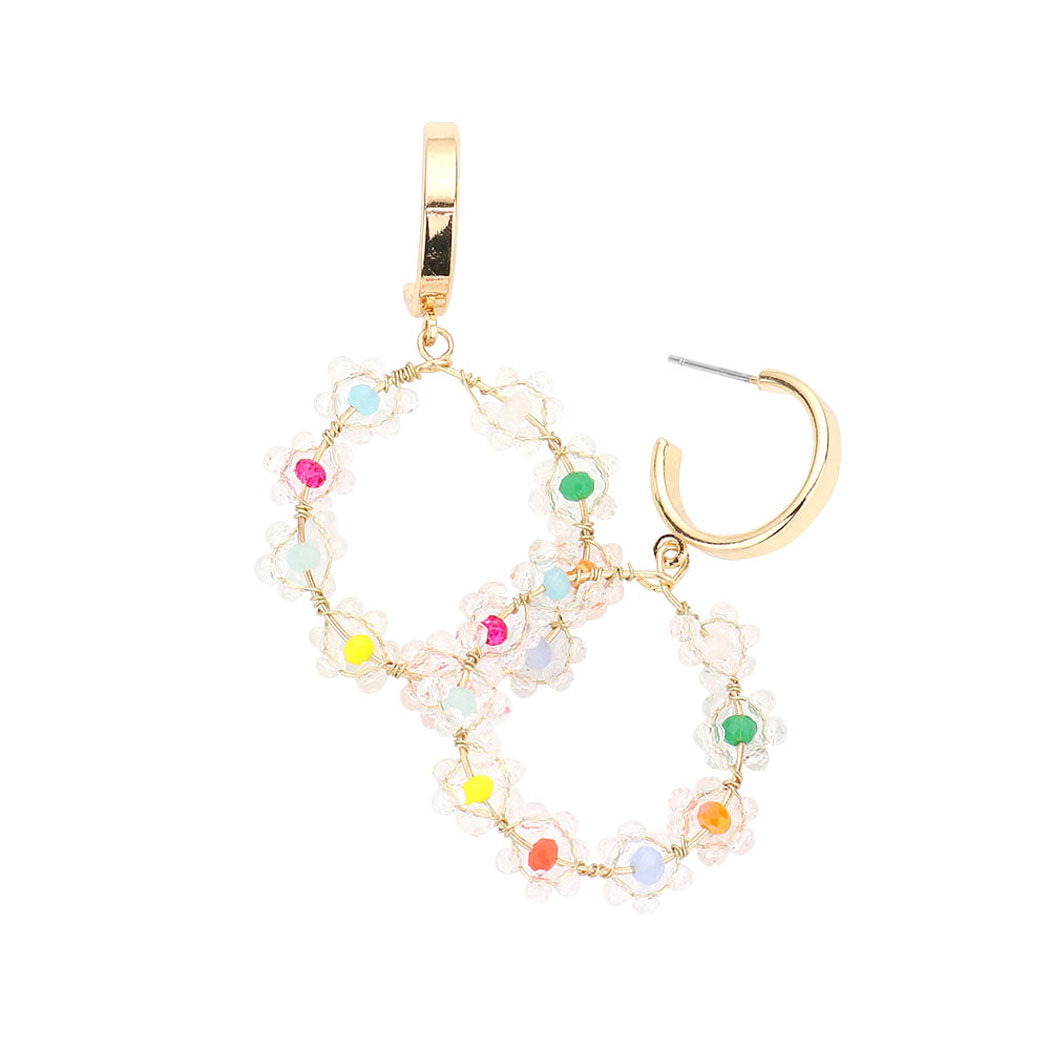 Faceted Beads Flower Circle Metal Wire Dangle Earrings
