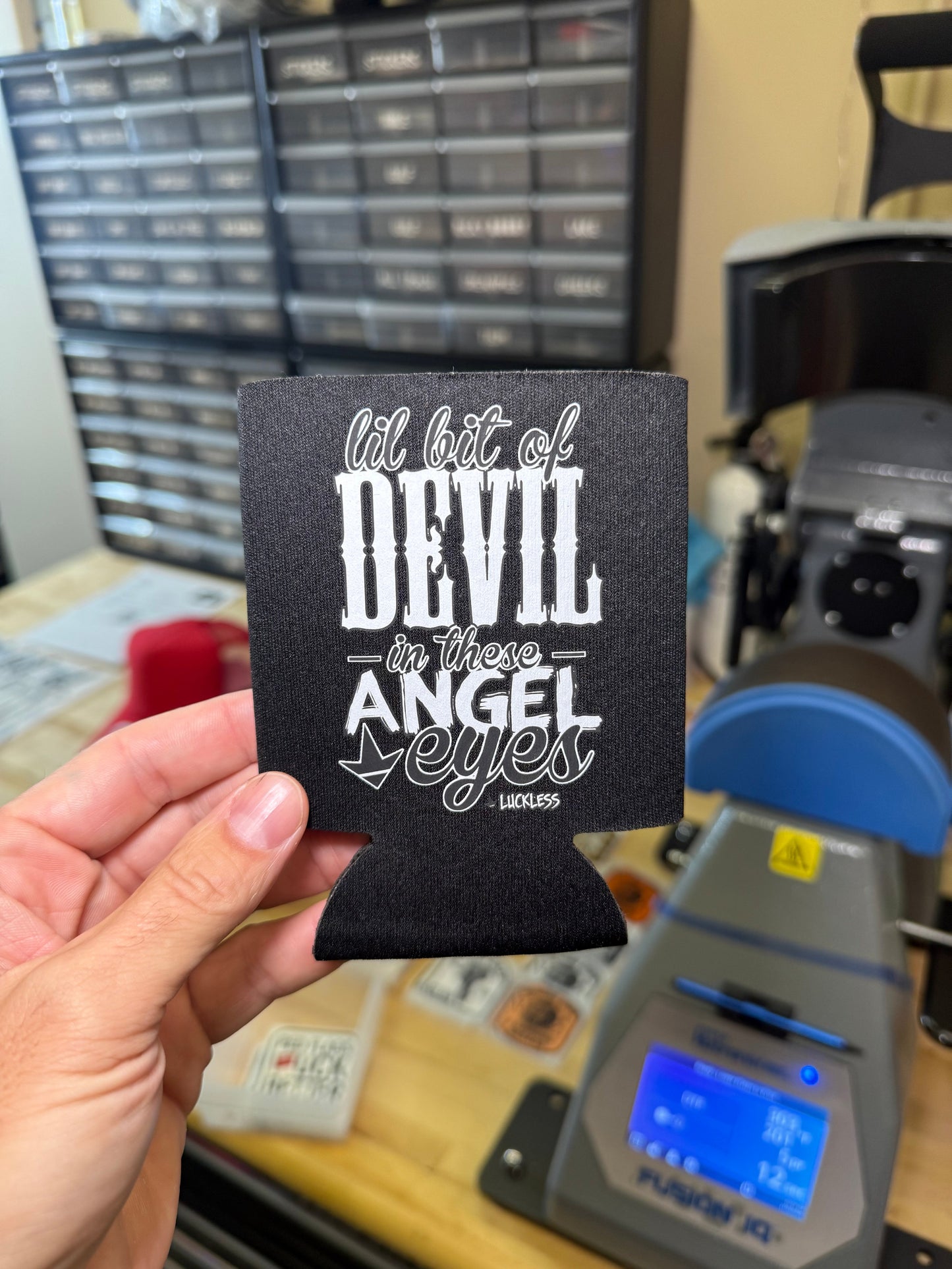 Lil Bit Of Devil in these Angel Eyes Koozie