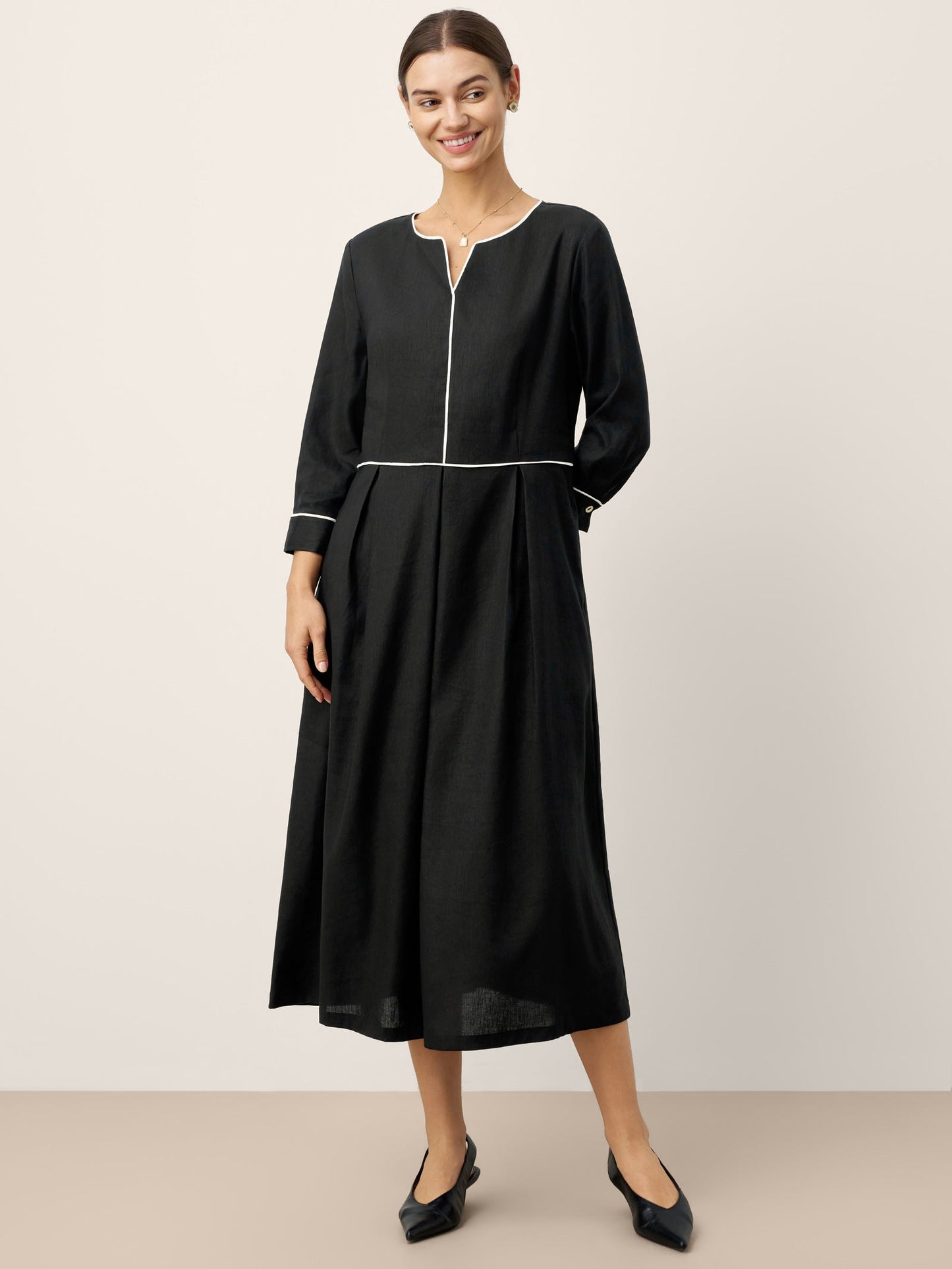 Linen-Lyocell Contrast Trim Gathered Midi Dress NYX