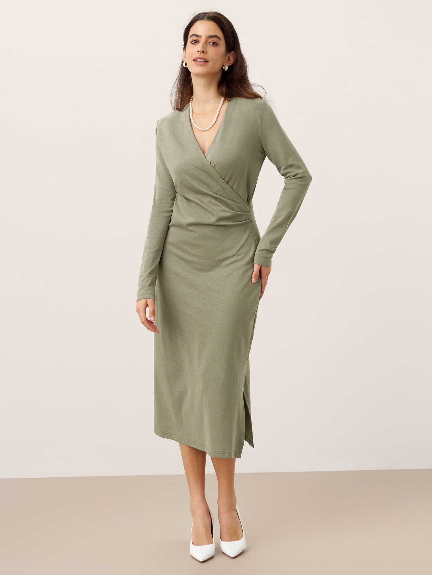 Crossover V-Neck Wrap Stretch Midi Dress MARNIE