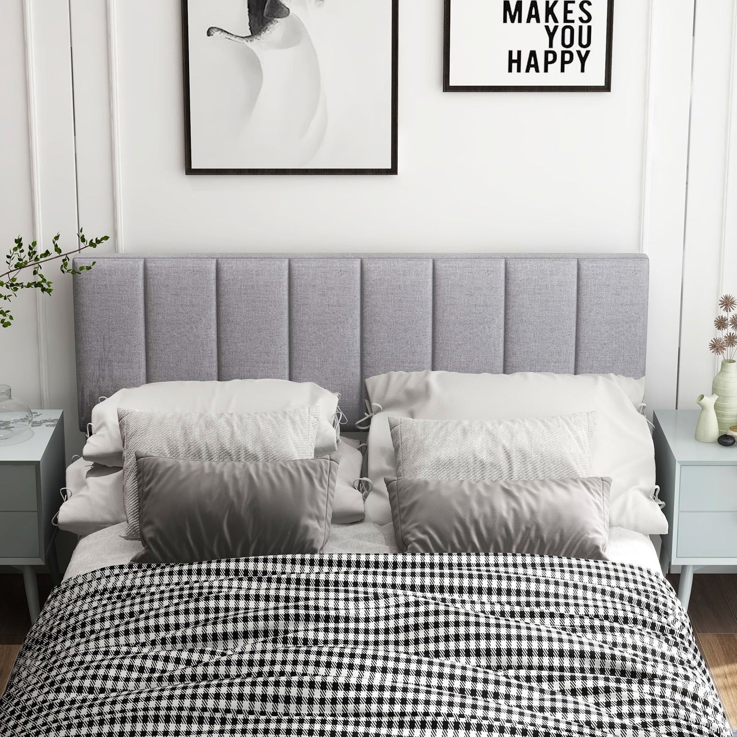 Linen Upholstered Headboard with Solid Wood Legs and Adjustable Width