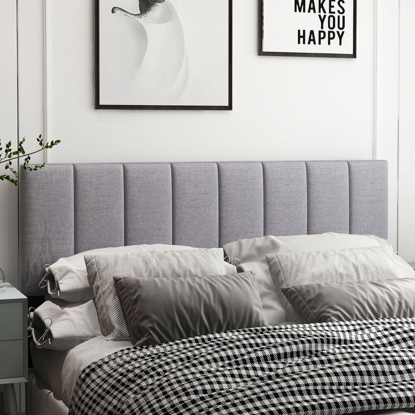 Linen Upholstered Headboard with Solid Wood Legs and Adjustable Width