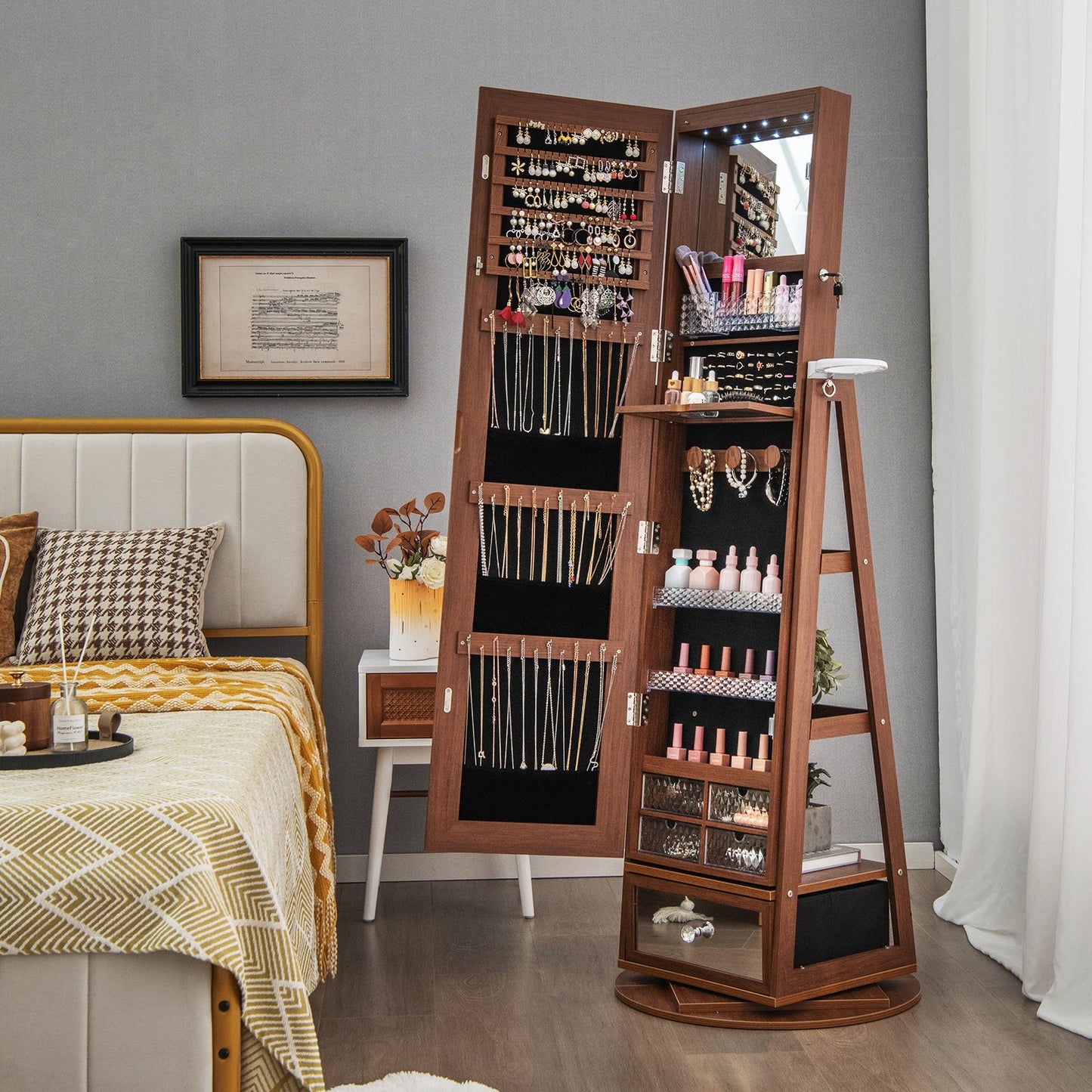 Lockable 360° Swivel Jewelry Cabinet with Full-Length Mirror LED Lights