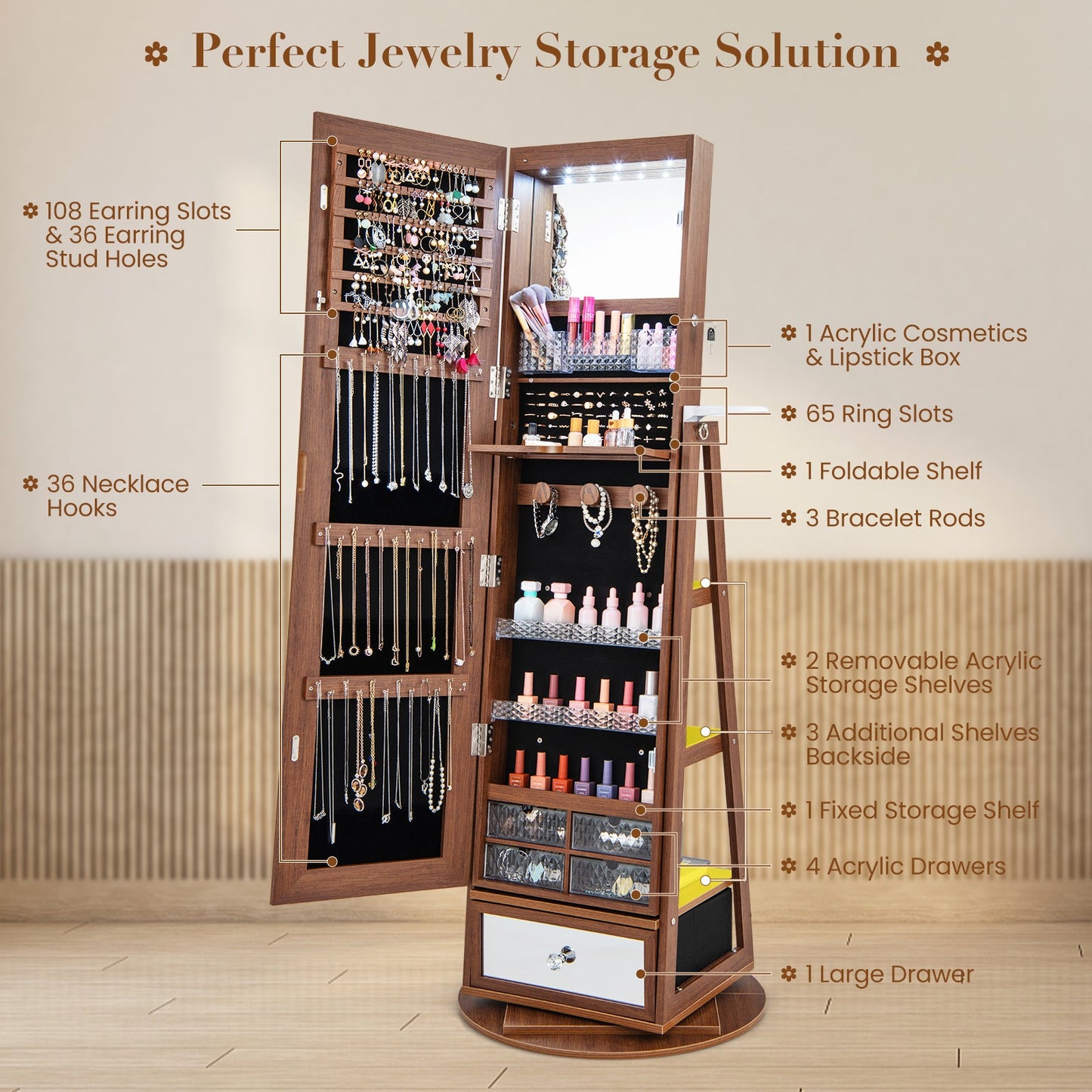 Lockable 360° Swivel Jewelry Cabinet with Full-Length Mirror LED Lights