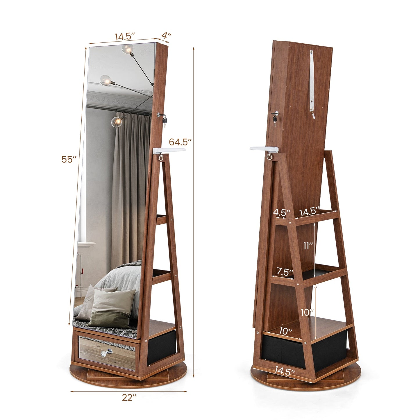 Lockable 360° Swivel Jewelry Cabinet with Full-Length Mirror LED Lights
