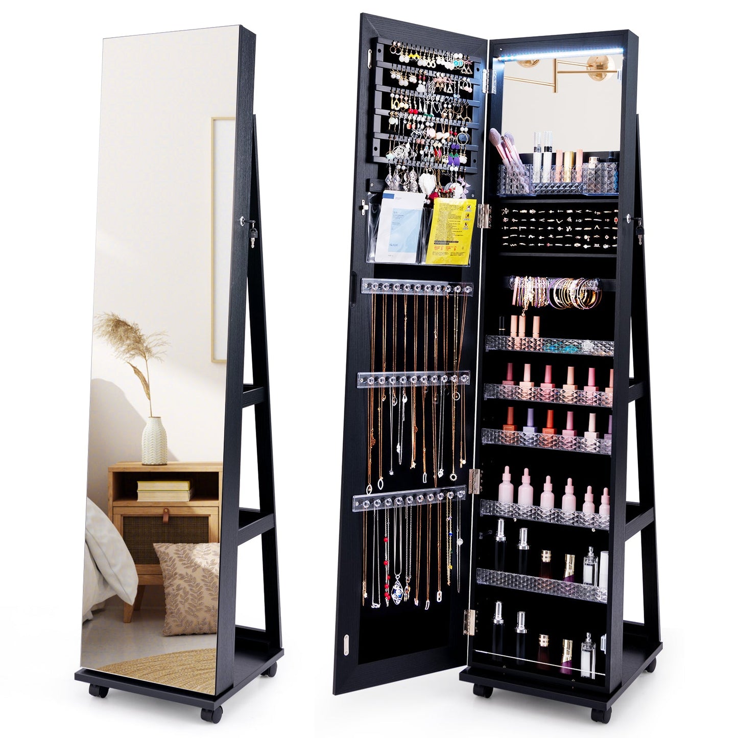 64 Inches Lockable Jewelry Cabinet Armoire with Built-in Makeup Mirror