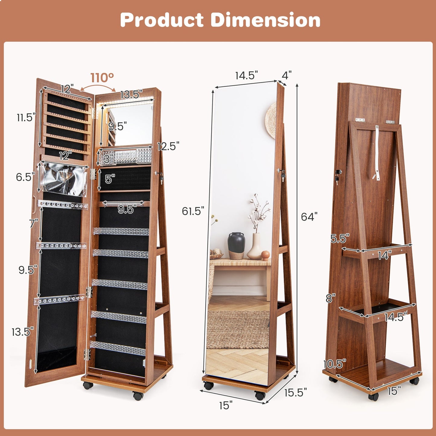 64 Inches Lockable Jewelry Cabinet Armoire with Built-in Makeup Mirror