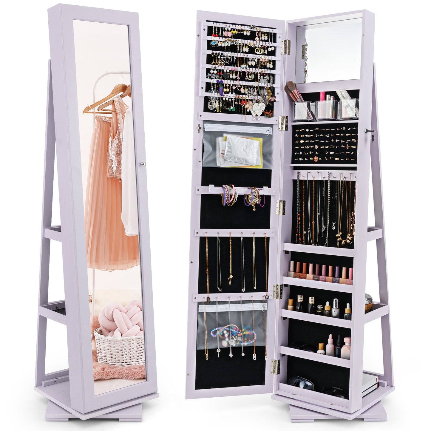360° Rotatable 2-in-1 Lockable Jewelry Cabinet with Full-Length Mirror