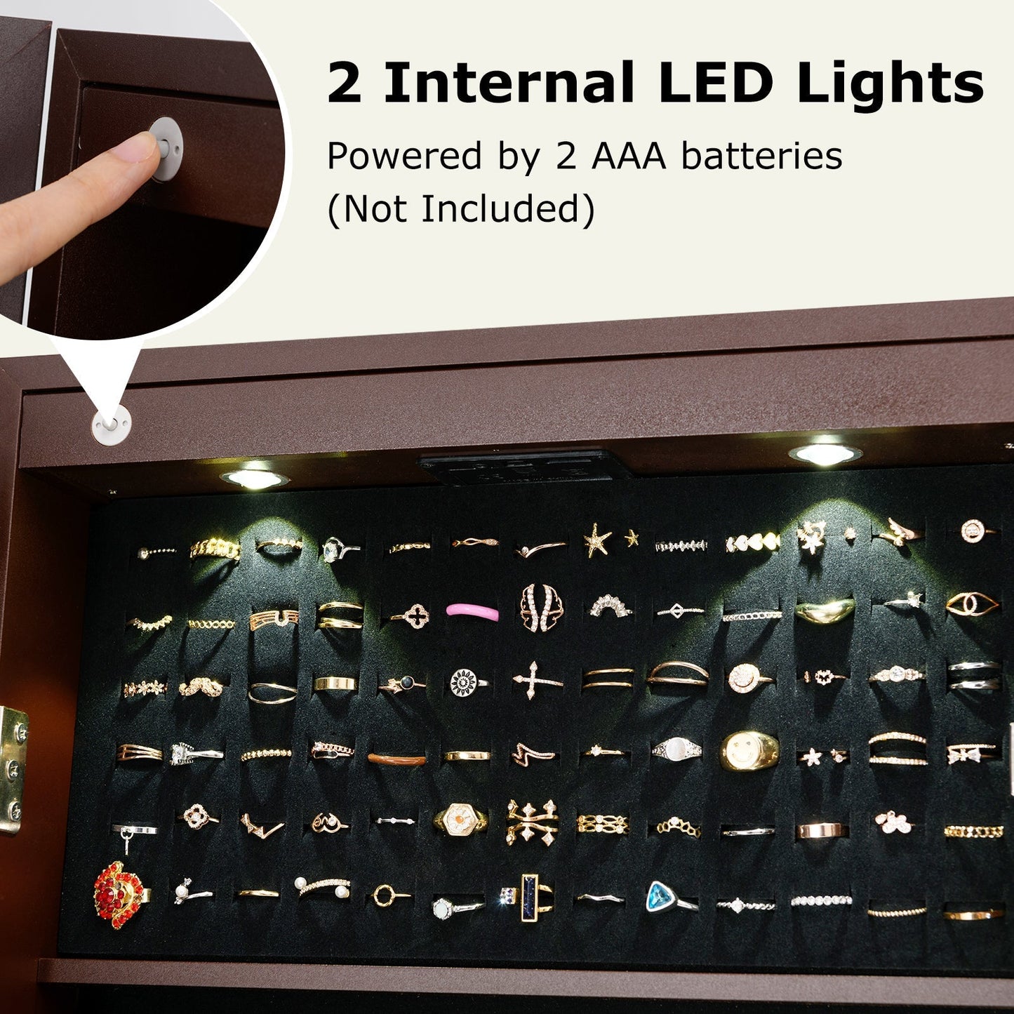 Lockable Mirrored Jewelry Cabinet with Stand and Led Lights-Brown