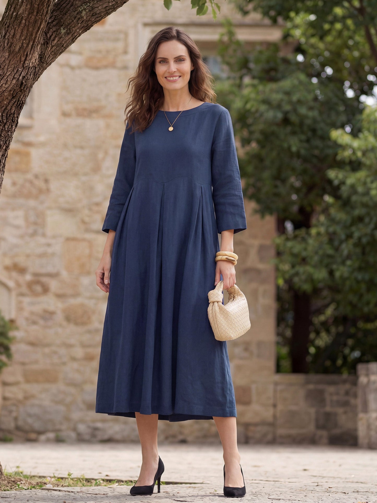 100% Linen Bateau Neck Pleated Midi Dress ABIGAIL