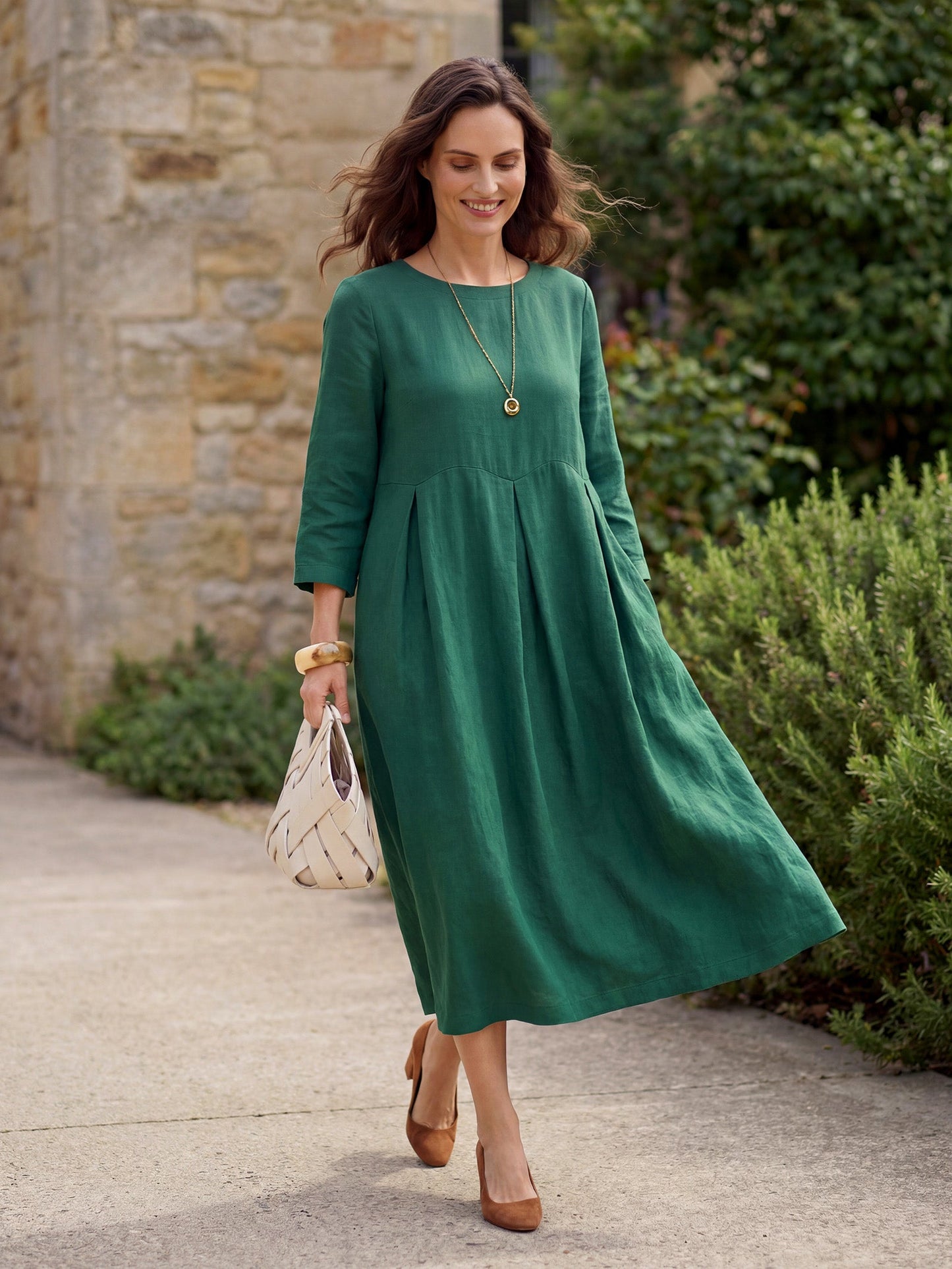 100% Linen Bateau Neck Pleated Midi Dress ABIGAIL
