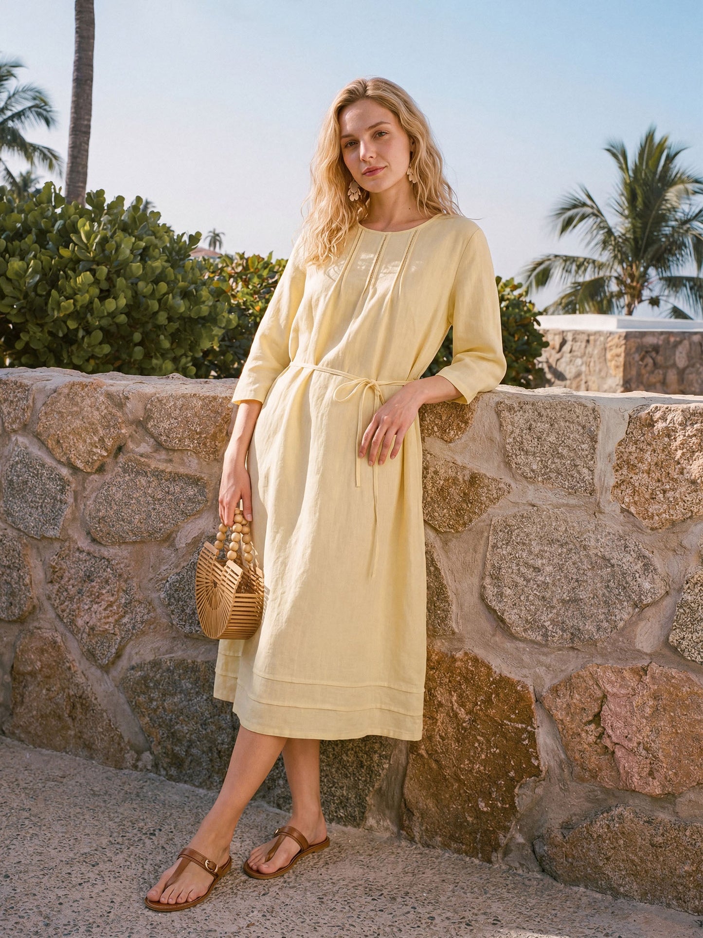 100% Linen Pintucked Embroidered Adjustable Belt Tiered Midi Dress VERENA