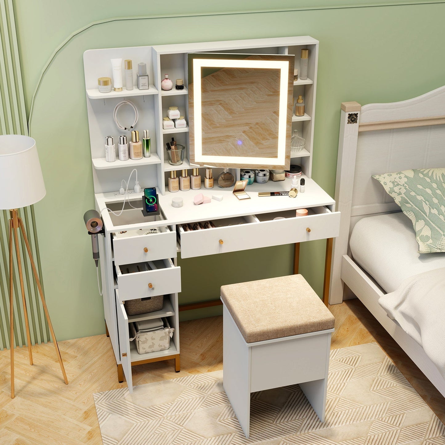 Makeup Dressing Table and Stool set with 3 Lighting Modes and Cabinet-White