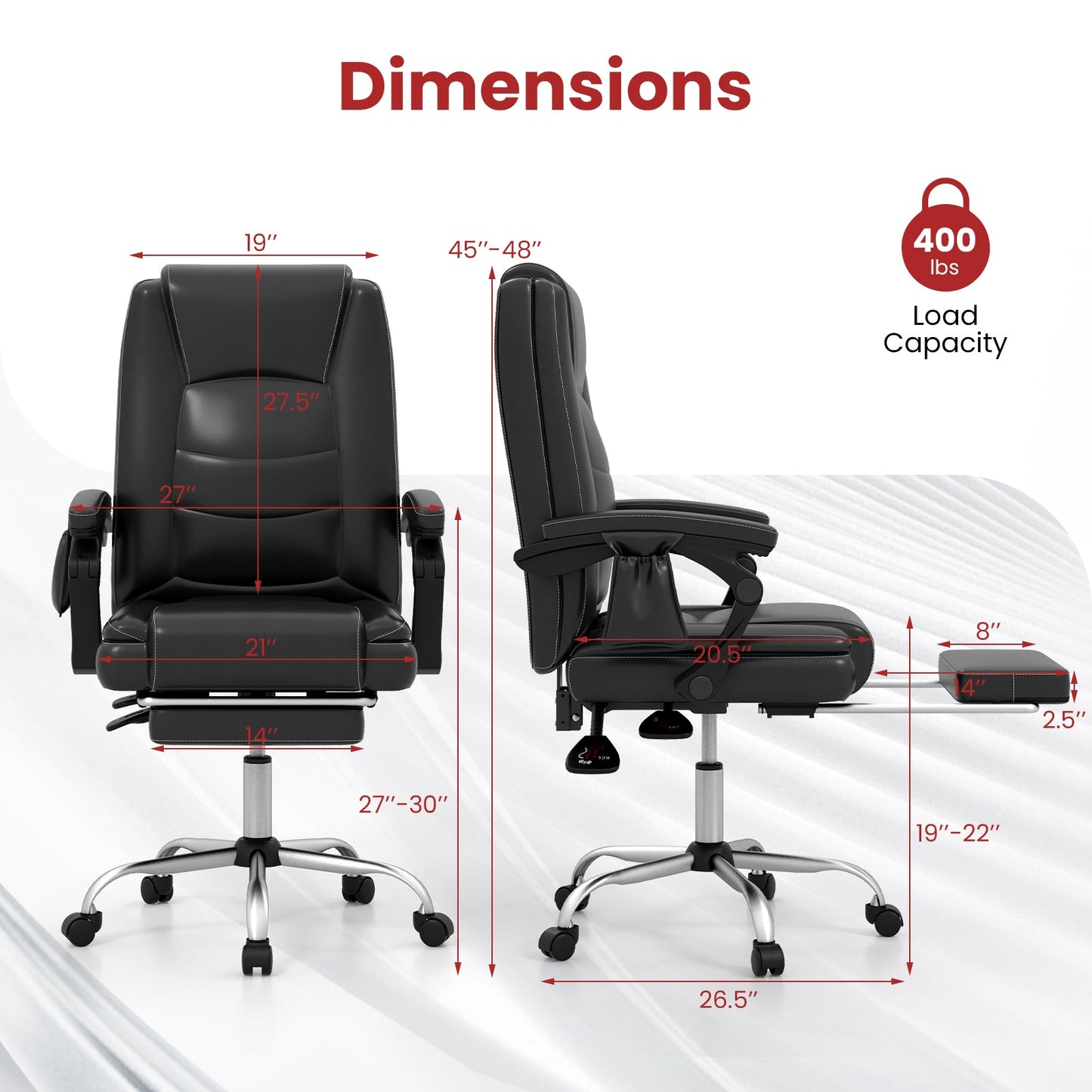 Massage Adjustable Executive Chair with Armrests and Retractable Footrest-Black