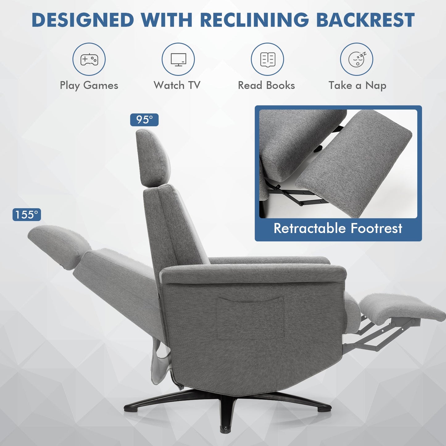 Swivel Massage Recliner Single Sofa with Adjustable Headrest-Gray