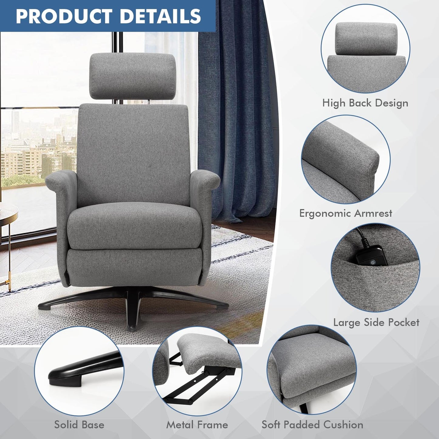 Swivel Massage Recliner Single Sofa with Adjustable Headrest-Gray