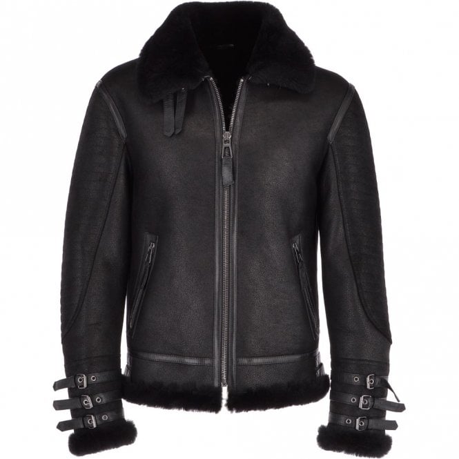 Men’s Black Aviator Flying Bomber Shearling Leather Jacket